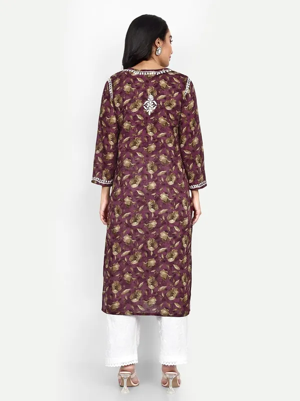 Wine_Lucknow_Chikankari_Hand_Embroidered_Kurta_Women_Mulmul_Cotton