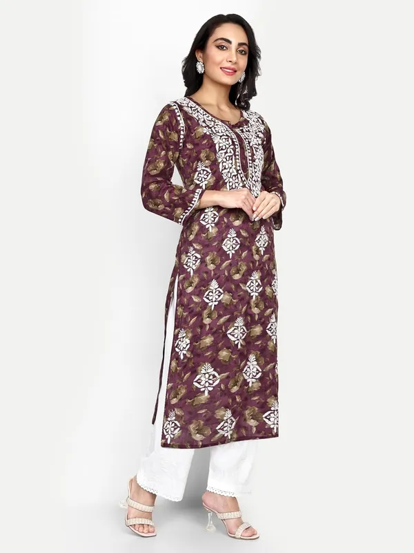 Wine_Lucknow_Chikankari_Hand_Embroidered_Kurta_Women_Mulmul_Cotton