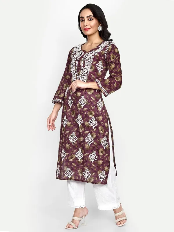 Wine_Lucknow_Chikankari_Hand_Embroidered_Kurta_Women_Mulmul_Cotton