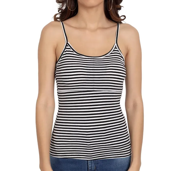 Black&White_Stripes_Padded_Cotton_Rich_Soft_Camisole_Spaghetti_Tank_Top/Kurtis_Slip/Removable_Washable_Pads