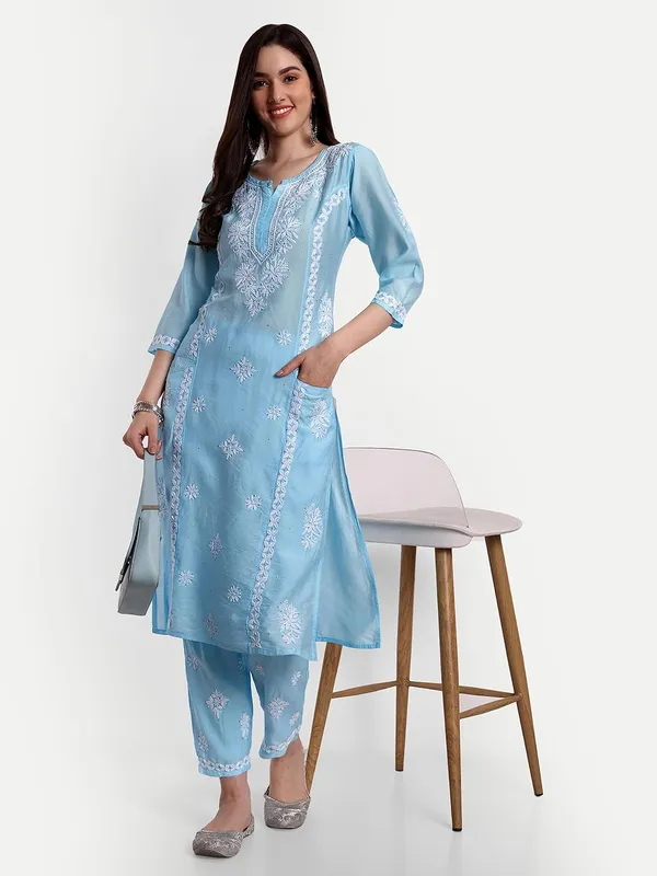 Sky_Blue_Lucknowi_Chikankari_Hand_Embroidered_Mukaish_Work_Kurta_Palazzo_Set_Chanderi_Silk