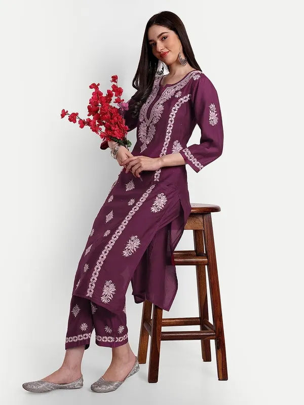 Wine_Lucknowi_Chikankari_Hand_Embroidered_Mukaish_Work_Kurta_Palazzo_Set_Chanderi_Silk