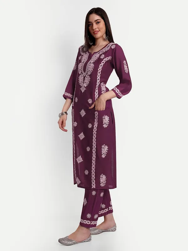 Wine_Lucknowi_Chikankari_Hand_Embroidered_Mukaish_Work_Kurta_Palazzo_Set_Chanderi_Silk
