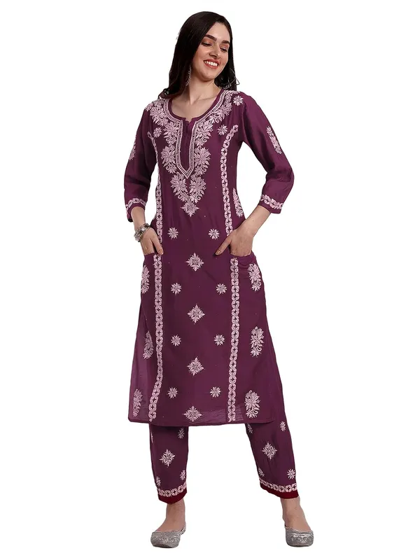 Wine_Lucknowi_Chikankari_Hand_Embroidered_Mukaish_Work_Kurta_Palazzo_Set_Chanderi_Silk