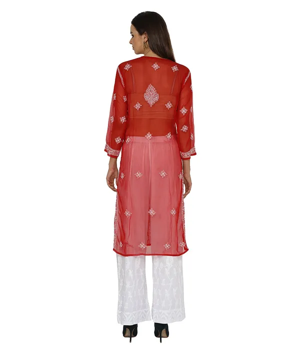 Bright_Red_Ladies_Dresses_Tops_Long_Kurta_Hand_Embroidery_Handmade_Lucknow_Chikankari_Kurtis_Georgette