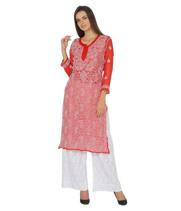 Bright_Red_Ladies_Dresses_Tops_Long_Kurta_Hand_Embroidery_Handmade_Lucknow_Chikankari_Kurtis_Georgette