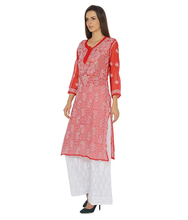 Bright_Red_Ladies_Dresses_Tops_Long_Kurta_Hand_Embroidery_Handmade_Lucknow_Chikankari_Kurtis_Georgette
