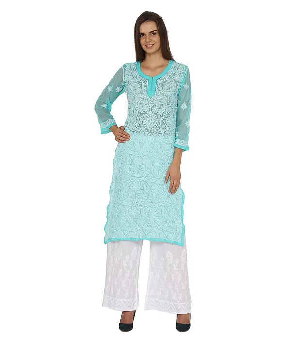 Turquoise_Blue_Ladies_Dresses_Tops_Long_Kurta_Hand_Embroidery_Handmade_Lucknow_Chikankari_Kurtis_Georgette