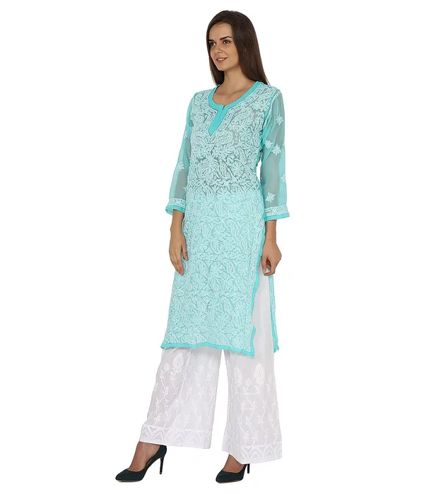 Turquoise_Blue_Ladies_Dresses_Tops_Long_Kurta_Hand_Embroidery_Handmade_Lucknow_Chikankari_Kurtis_Georgette