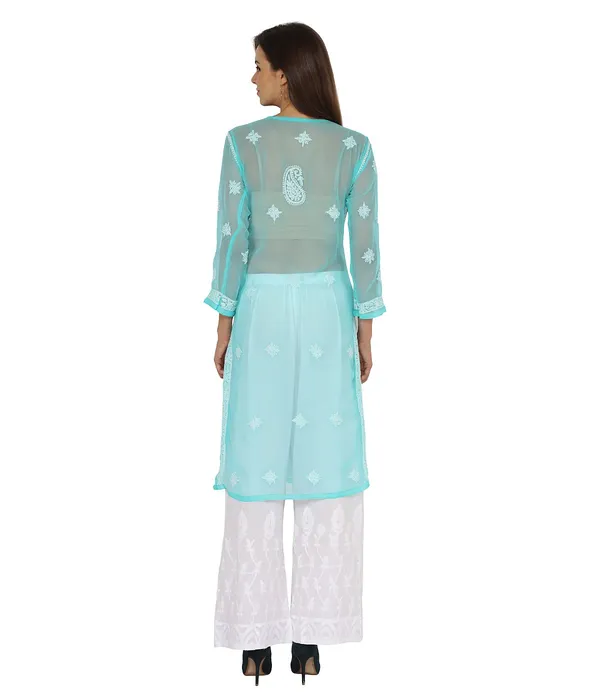 Turquoise_Blue_Ladies_Dresses_Tops_Long_Kurta_Hand_Embroidery_Handmade_Lucknow_Chikankari_Kurtis_Georgette