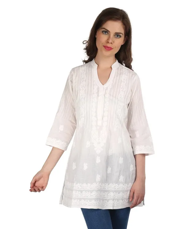 Pristine_White_Chikan_Hand_Embroidery_Cambric_Cotton_Kurta/Tunic