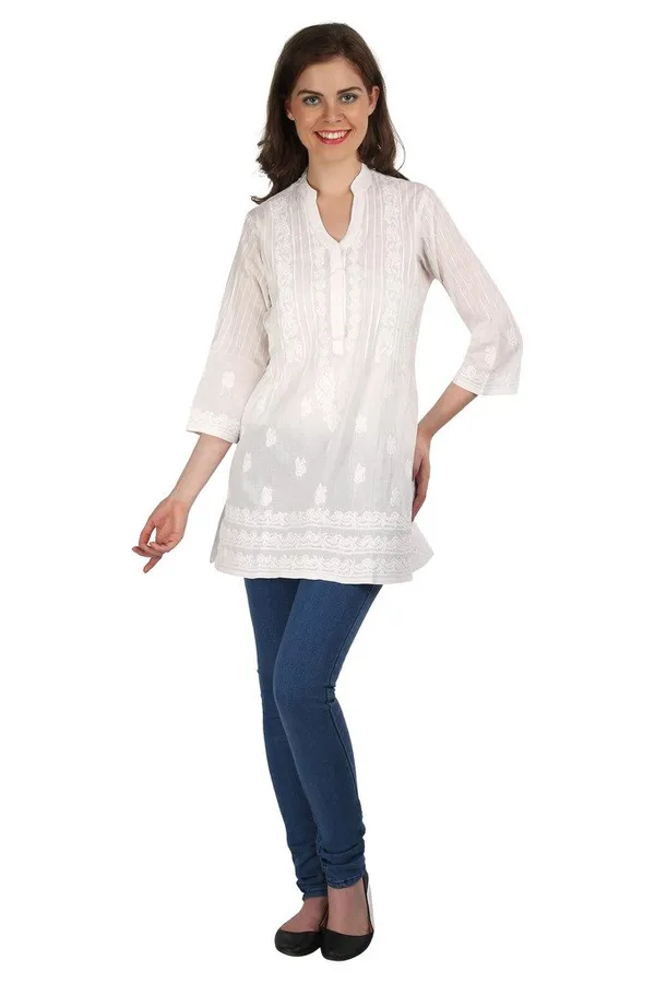 Pristine_White_Chikan_Hand_Embroidery_Cambric_Cotton_Kurta/Tunic