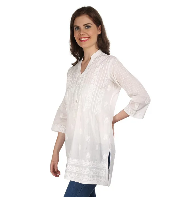 Pristine_White_Chikan_Hand_Embroidery_Cambric_Cotton_Kurta/Tunic