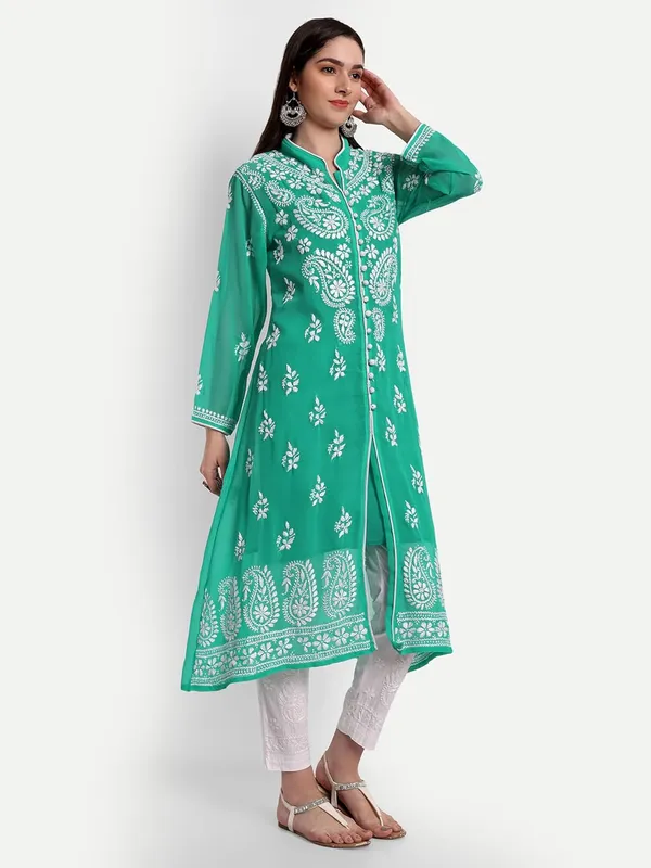 Turquoise_Lucknow_Chikankari_Hand_Embroidered_Long_Kurti_With_Matching_Inner/Slip_Georgette