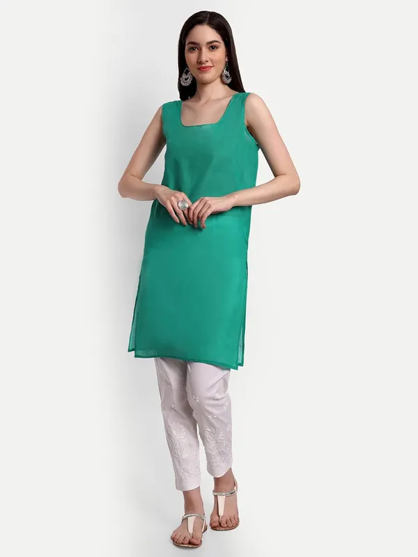 Turquoise_Lucknow_Chikankari_Hand_Embroidered_Long_Kurti_With_Matching_Inner/Slip_Georgette