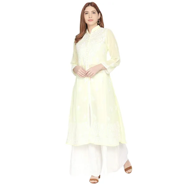 Sunshine_Yellow_Lucknowi_Chikankari_Hand_Embroidered_Long_Kurti