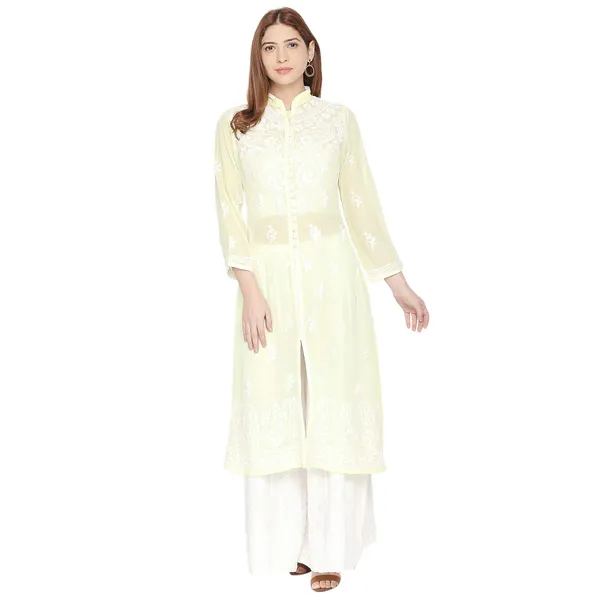 Sunshine_Yellow_Lucknowi_Chikankari_Hand_Embroidered_Long_Kurti