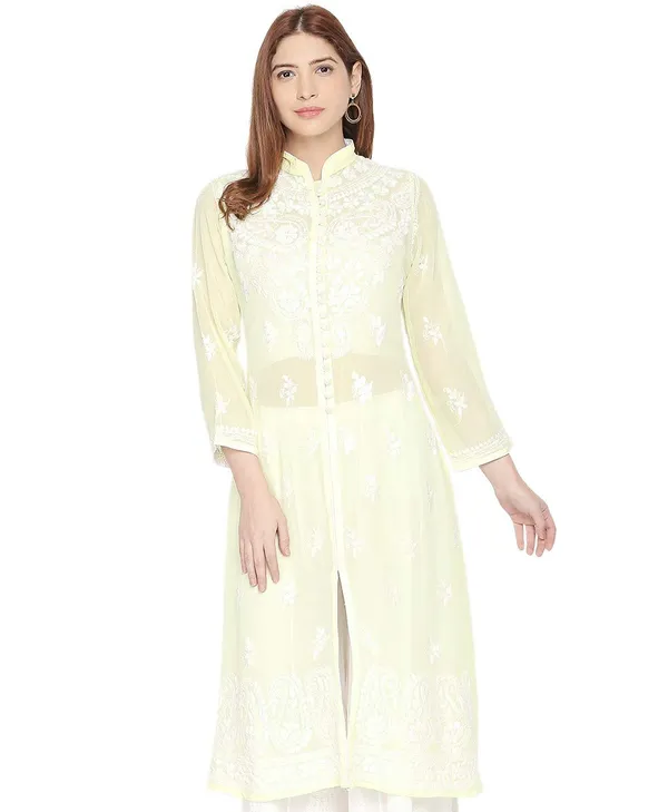 Sunshine_Yellow_Lucknowi_Chikankari_Hand_Embroidered_Long_Kurti