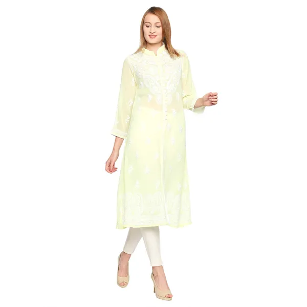Sunshine_Yellow_Lucknowi_Chikankari_Hand_Embroidered_Long_Kurti