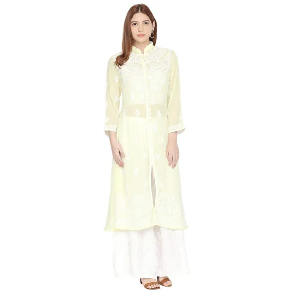 Sunshine_Yellow_Lucknowi_Chikankari_Hand_Embroidered_Long_Kurti