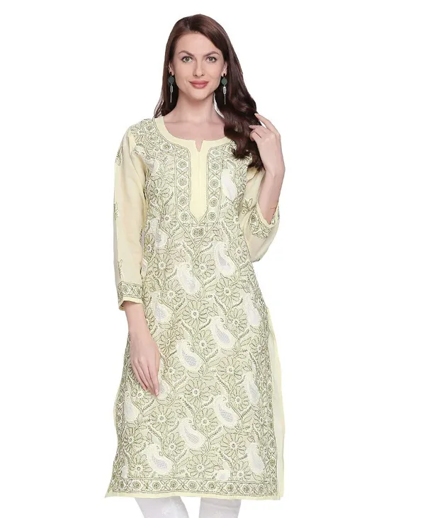 Lime_Green_Lucknow_Chikankari_Cotton_Kurtis_Cotton_Lucknowi_Chikan_Needlecraft_Kurta
