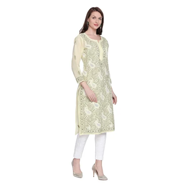 Lime_Green_Lucknow_Chikankari_Cotton_Kurtis_Cotton_Lucknowi_Chikan_Needlecraft_Kurta