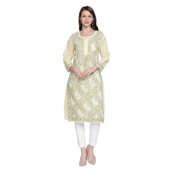 Lime_Green_Lucknow_Chikankari_Cotton_Kurtis_Cotton_Lucknowi_Chikan_Needlecraft_Kurta