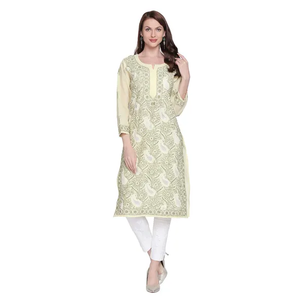 Lime_Green_Lucknow_Chikankari_Cotton_Kurtis_Cotton_Lucknowi_Chikan_Needlecraft_Kurta