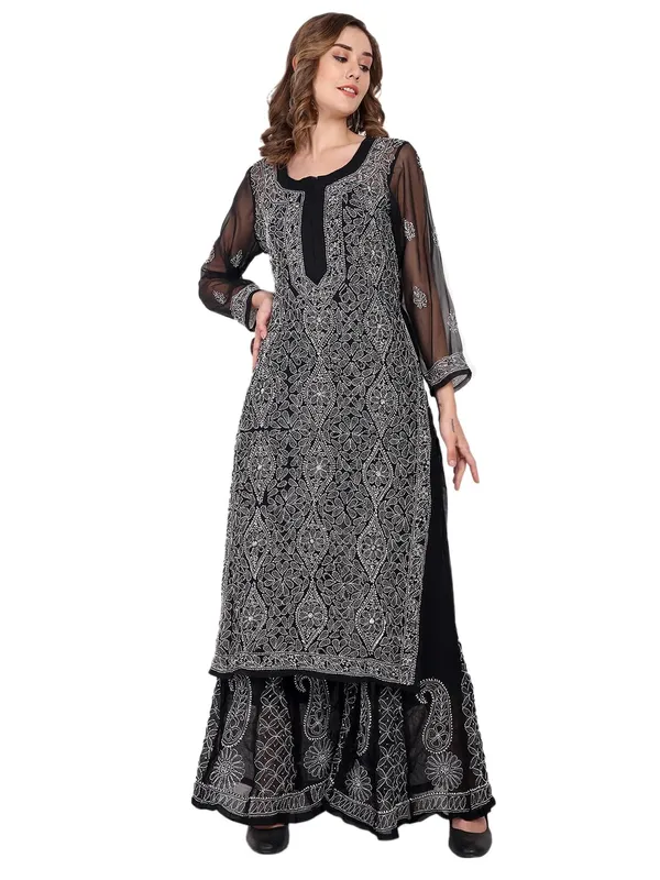 Black&White_Lucknowi_Chikankari_Hand_Embroidered_Long_Kurti_Sharara_Palazzo_Set_Georgette