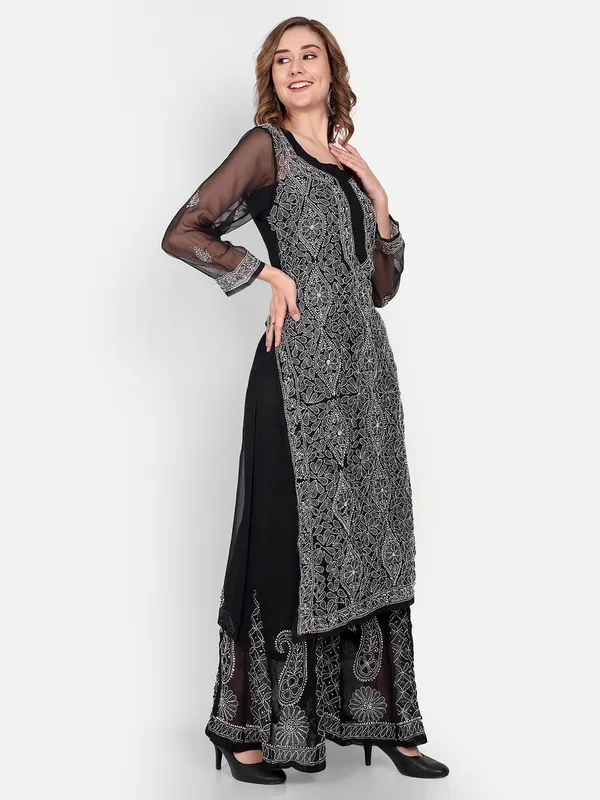 Black&White_Lucknowi_Chikankari_Hand_Embroidered_Long_Kurti_Sharara_Palazzo_Set_Georgette