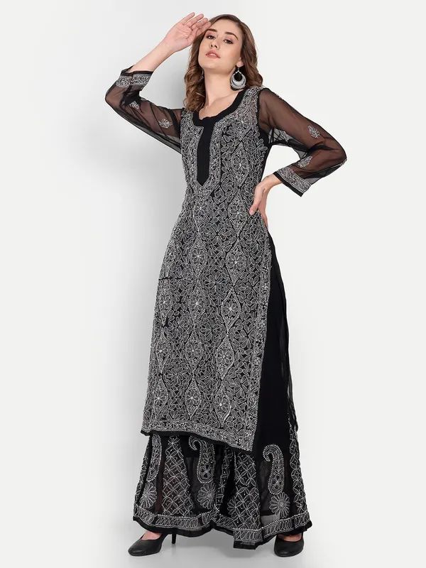 Black&White_Lucknowi_Chikankari_Hand_Embroidered_Long_Kurti_Sharara_Palazzo_Set_Georgette