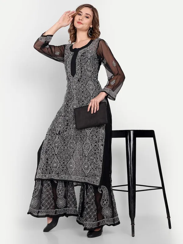 Black&White_Lucknowi_Chikankari_Hand_Embroidered_Long_Kurti_Sharara_Palazzo_Set_Georgette