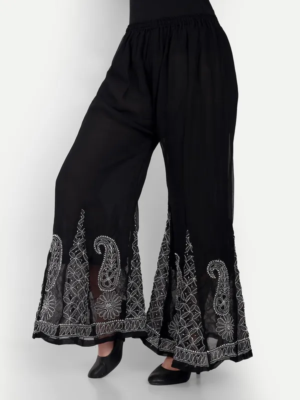Black&White_Lucknowi_Chikankari_Hand_Embroidered_Long_Kurti_Sharara_Palazzo_Set_Georgette