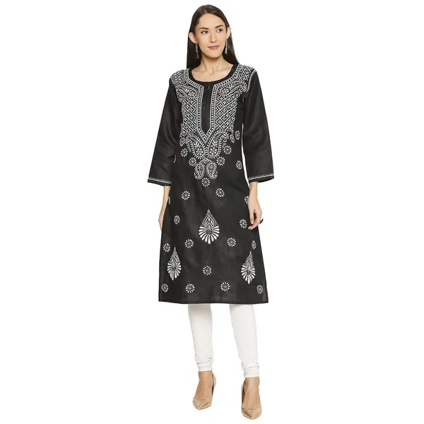 Charismatic_Black_Lucknow_Chikankari_Linen_Kurta_Lucknowi_Chikan_Hand_Embroidered_Linen_Long_Kurtis