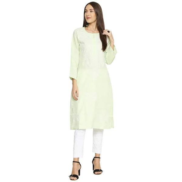 Lime_Green_Lucknow_Chikankari_Linen_Kurta_Lucknowi_Chikan_Hand_Embroidered_Linen_Long_Kurtis