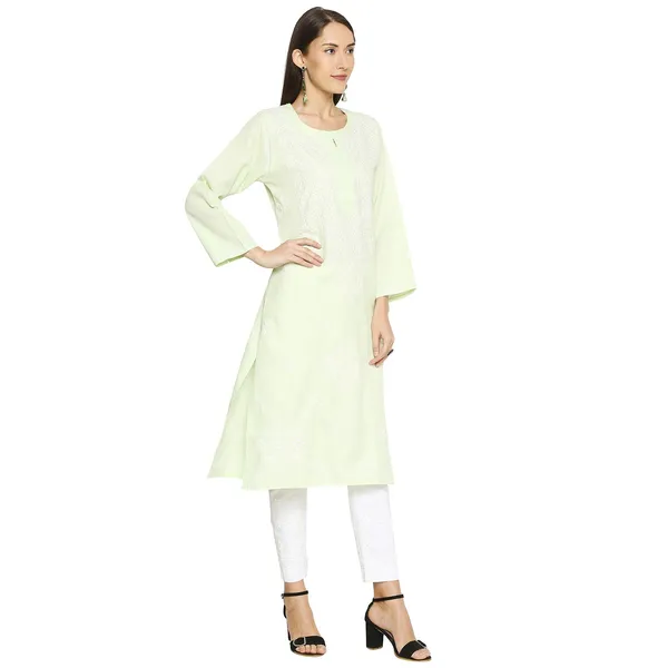 Lime_Green_Lucknow_Chikankari_Linen_Kurta_Lucknowi_Chikan_Hand_Embroidered_Linen_Long_Kurtis
