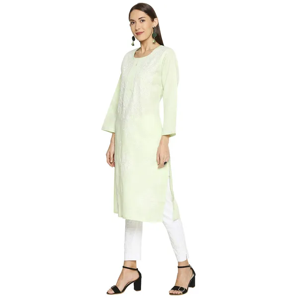Lime_Green_Lucknow_Chikankari_Linen_Kurta_Lucknowi_Chikan_Hand_Embroidered_Linen_Long_Kurtis