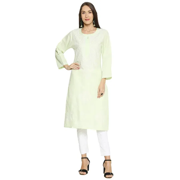 Lime_Green_Lucknow_Chikankari_Linen_Kurta_Lucknowi_Chikan_Hand_Embroidered_Linen_Long_Kurtis