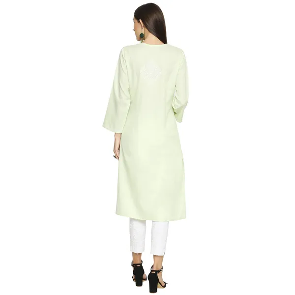 Lime_Green_Lucknow_Chikankari_Linen_Kurta_Lucknowi_Chikan_Hand_Embroidered_Linen_Long_Kurtis