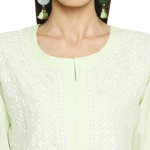 Lime_Green_Lucknow_Chikankari_Linen_Kurta_Lucknowi_Chikan_Hand_Embroidered_Linen_Long_Kurtis