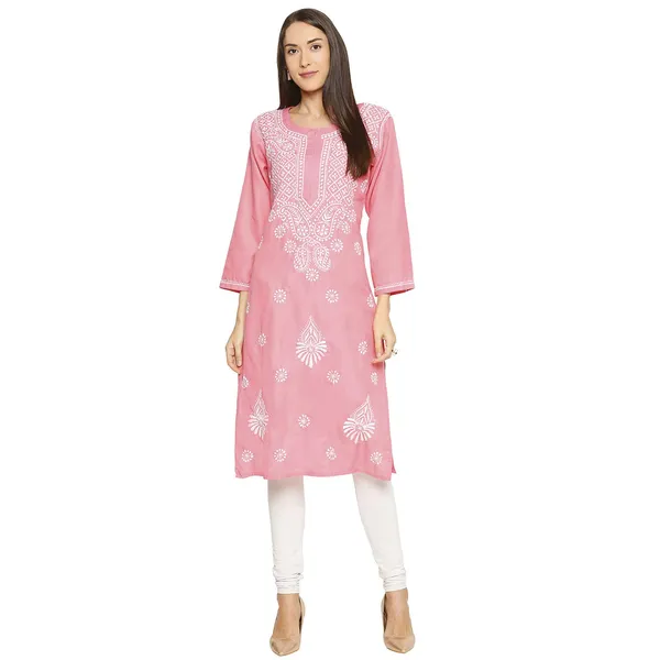 Hot_Pink_Lucknow_Chikankari_Linen_Kurta_Lucknowi_Chikan_Hand_Embroidered_Linen_Long_Kurtis