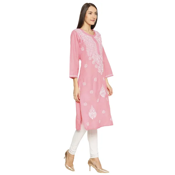 Hot_Pink_Lucknow_Chikankari_Linen_Kurta_Lucknowi_Chikan_Hand_Embroidered_Linen_Long_Kurtis