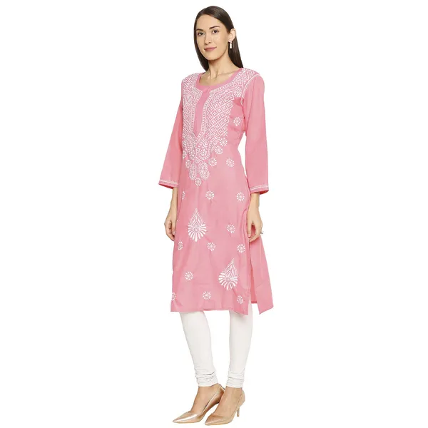 Hot_Pink_Lucknow_Chikankari_Linen_Kurta_Lucknowi_Chikan_Hand_Embroidered_Linen_Long_Kurtis