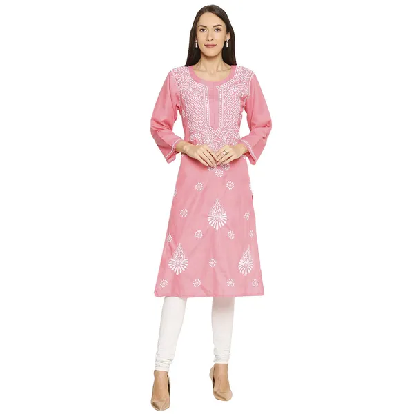 Hot_Pink_Lucknow_Chikankari_Linen_Kurta_Lucknowi_Chikan_Hand_Embroidered_Linen_Long_Kurtis