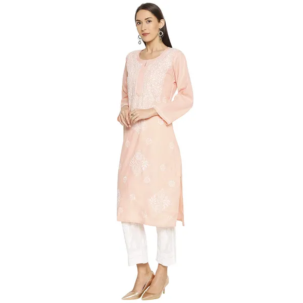 Peachpuff_Lucknow_Chikankari_Linen_Kurta_Lucknowi_Chikan_Hand_Embroidered_Linen_Long_Kurtis