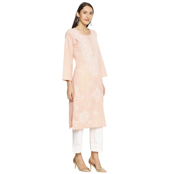 Peachpuff_Lucknow_Chikankari_Linen_Kurta_Lucknowi_Chikan_Hand_Embroidered_Linen_Long_Kurtis