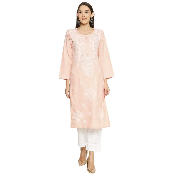 Peachpuff_Lucknow_Chikankari_Linen_Kurta_Lucknowi_Chikan_Hand_Embroidered_Linen_Long_Kurtis