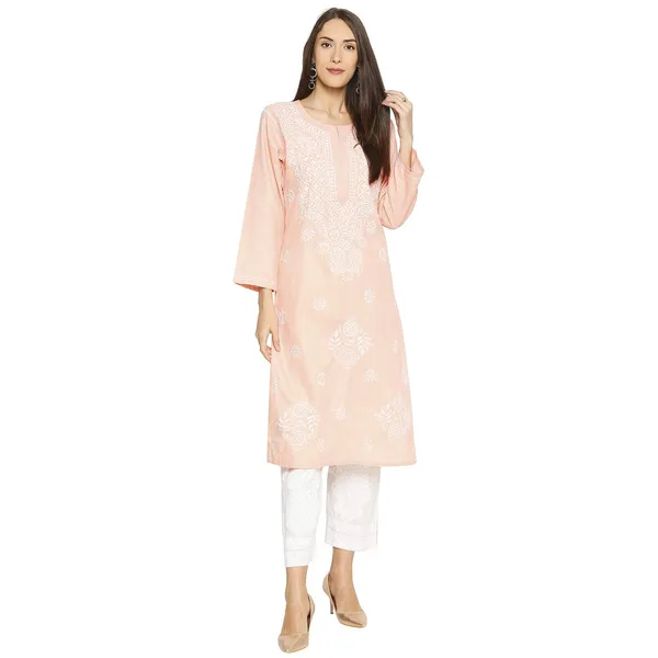 Peachpuff_Lucknow_Chikankari_Linen_Kurta_Lucknowi_Chikan_Hand_Embroidered_Linen_Long_Kurtis