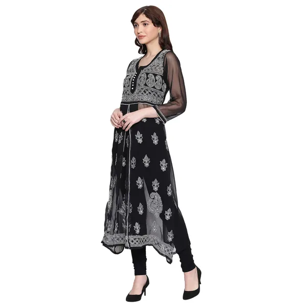 Charismatic_Black_Lucknow_Chikankari_Georgette_Kurta_Chikan_Hand_Embroidered_Needlecraft_Long_Kurtis