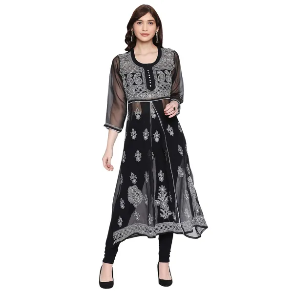 Charismatic_Black_Lucknow_Chikankari_Georgette_Kurta_Chikan_Hand_Embroidered_Needlecraft_Long_Kurtis